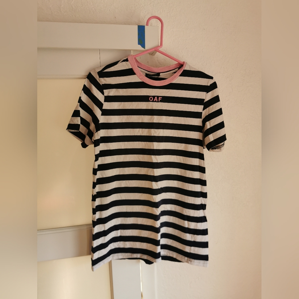 Lazy Oaf embroidered navy and white stripe men's shirt size M